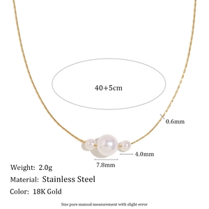 18K gold plated stainless steel necklace with three pearls and detailed size dimensions