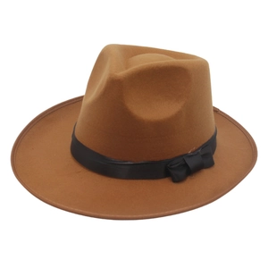 Detail of classic brown wool felt fedora hat featuring a black satin ribbon bow decoration