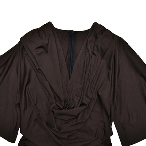 Detail of dark brown cowl neck dress with wide sleeves and invisible back zipper