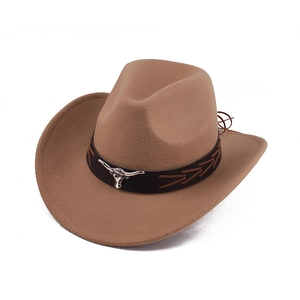 Detail of khaki cowboy hat featuring brown braided band and silver bull head metal buckle