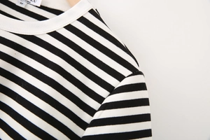 Close-up of the neckline and fabric texture of a black and white striped slim-fit T-shirt