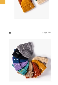 Detail of ribbed knit beanies with cross-stitch embroidery in various colors