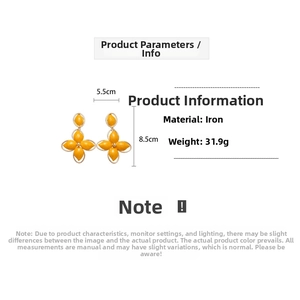 Detailed size and weight specs for yellow floral enamel earrings measuring 5.5 by 8.5 cm