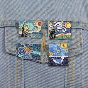 Artistic Van Gogh Starry Night enamel pins with creative geometric designs for jackets