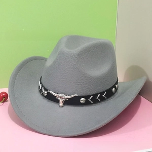 Detail of wool fedora hat with black band featuring silver bull head buckle and studs