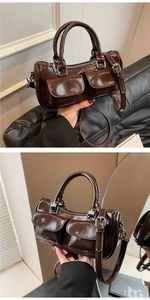 Detail of caramel brown saddle bag showing dual flap pockets and glossy leather texture