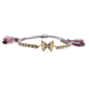Adjustable woven bracelet with gold butterfly charm and blue zircon inlay stones