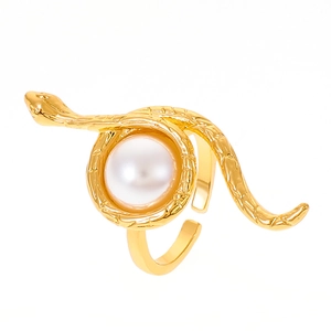Minimalist gold snake wrap ring with a central white pearl and detailed scale texture