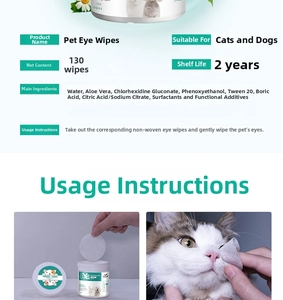 Detail of 130-count pet eye wipes in container showing aloe-based cleaning sheets