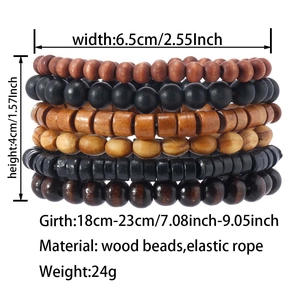 Detail view of 6-piece stacked wooden bead bracelets with elastic size specifications