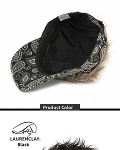 Detail view of cotton paisley cap featuring integrated long brown wig and inner lining