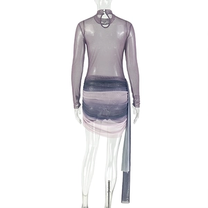Detail of purple gradient mesh dress back showing high neck clasp and ruched texture