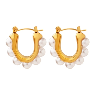 Elegant gold-plated U-shaped earrings with white pearls in a minimalist design