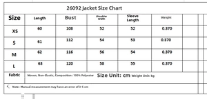 Size chart for the women quilted jacket showing XS to L dimensions and fabric details