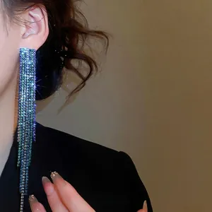 Elegant gradient blue rhinestone long fringe earrings for women in a luxury evening style