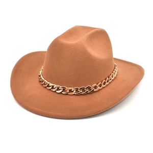 Brown wide brim felt fedora hat featuring a stylish gold metal chain accent decoration