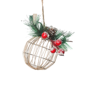 Hollow iron Christmas tree ball with twine wrap, pine needles and red berries