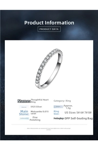 Detail of S925 sterling silver moissanite band ring with specifications and US sizing