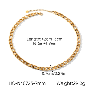 Detail showing 42cm gold Figaro chain necklace with 5cm extension and 0.7cm width dimensions