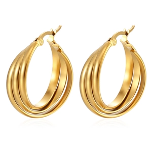 Golden titanium steel spiral twist hoop earrings with a polished triple layer design