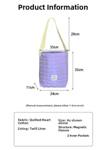 Detailed size chart of purple heart-quilted shoulder bag with magnetic closure and pockets