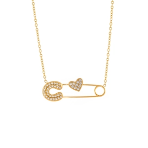 Elegant 18k gold plated safety pin necklace with sparkling rhinestone heart pendant