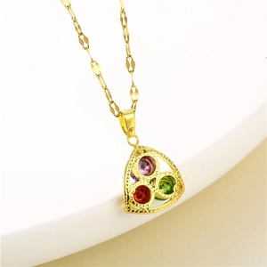 Minimalist titanium steel necklace with colorful zircon flower pendant on white surface