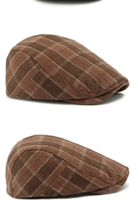 Macro detail of retro brown plaid pattern and wool blend fabric on British flat cap