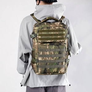 Tactical camouflage outdoor backpack with large capacity and MOLLE system on model