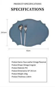 Detail of blue faux leather placemat showing PVC material thickness and embossed texture