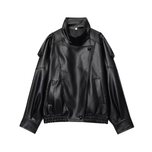 Women's black faux leather jacket with stand collar and oversized biker silhouette