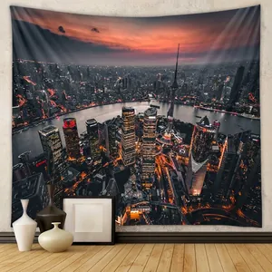 Shanghai City Night View Skyline Tapestry Polyester Wall Hanging Decor Sunset Landscape Backdrop For Bedroom Living Room