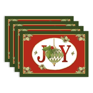 Set of 4 festive red Christmas placemats with green borders and JOY decorative pattern