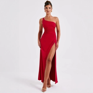 Detail of red one-shoulder maxi dress with side slit and pleated waist design