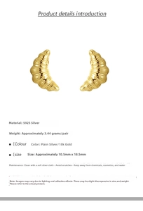 Detailed size specifications for S925 sterling silver croissant stud earrings in 18k gold
