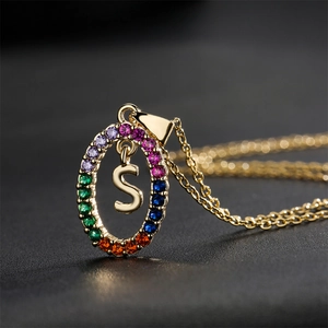 Copper Zircon Initial Letter Pendant Necklace For Women Gold Plated Oval Rainbow Colorful Stone Elegant Fashion Jewelry