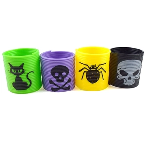 Detailed set of four Halloween plastic spring toys with skull and black cat patterns