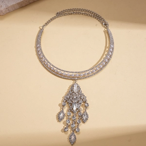 Elegant silver multi-layer choker necklace with pearls, rhinestones and fringe crystal pendant
