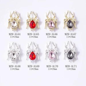 3D spider nail art charms with teardrop rhinestones in various colors and alloy finishes
