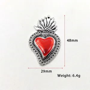 Vintage Gothic Sacred Heart necklace pendant with red stone and flame detail