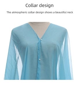 Detail of light blue mesh top with elegant V-neck collar and pearl buttons on mannequin