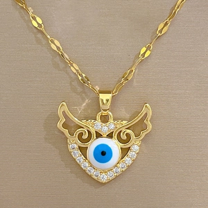 Gold angel wing heart necklace with blue devil eye and crystal rhinestones