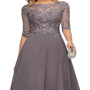 Elegant grey-purple evening gown with lace embroidery and light chiffon skirt