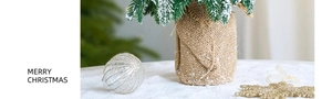 Mini Christmas tree with burlap base, clear glass balls and golden snowflakes