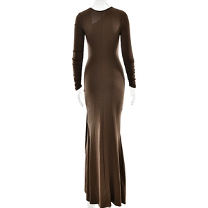 Detail view of deep brown glitter dress showing elegant slim fit and long sleeves back profile