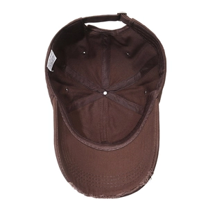Distressed dark coffee cotton baseball cap with vintage worn edges and metal buckle