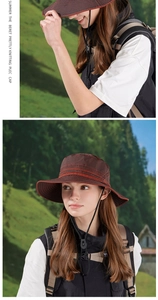 Détail d'un chapeau de soleil marron foncé à larges bords avec rayures et cordon