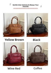 Detail view of vintage-style tote bags in brown, black, wine red, and coffee colors