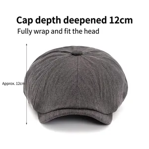 Grey herringbone newsboy cap with 12cm depth design for a perfect snug fit for men