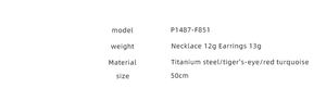 Detailed size and material chart for tiger eye stone necklace and earrings jewelry set